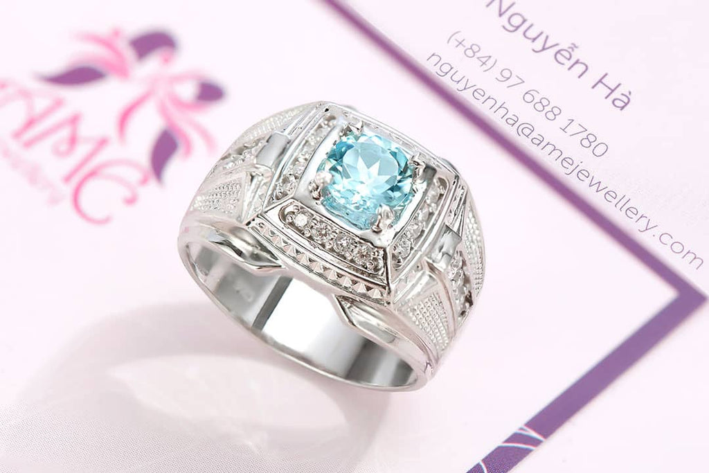 Nhẫn Nam Đá quý thiên nhiên Swiss Blue Topaz Men's Ring in Sterling Silver by AME Jewellery