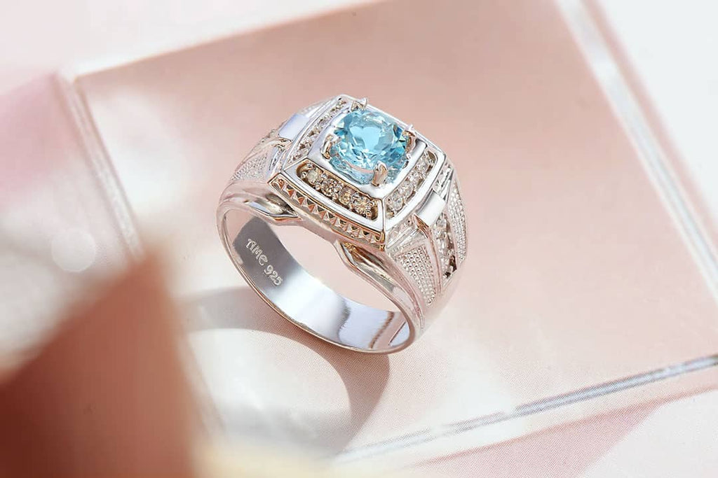 Nhẫn Nam Đá quý thiên nhiên Swiss Blue Topaz Men's Ring in Sterling Silver by AME Jewellery