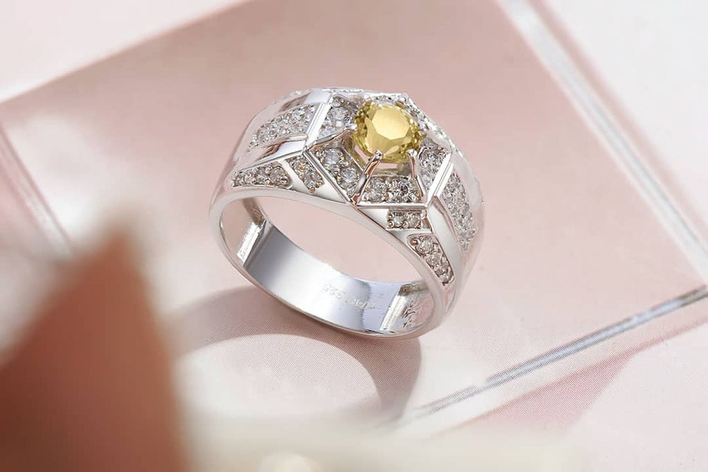 Nhẫn Nam Đá quý thiên nhiên Citrine Hexagon Men's Ring in Sterling Silver by AME Jewellery