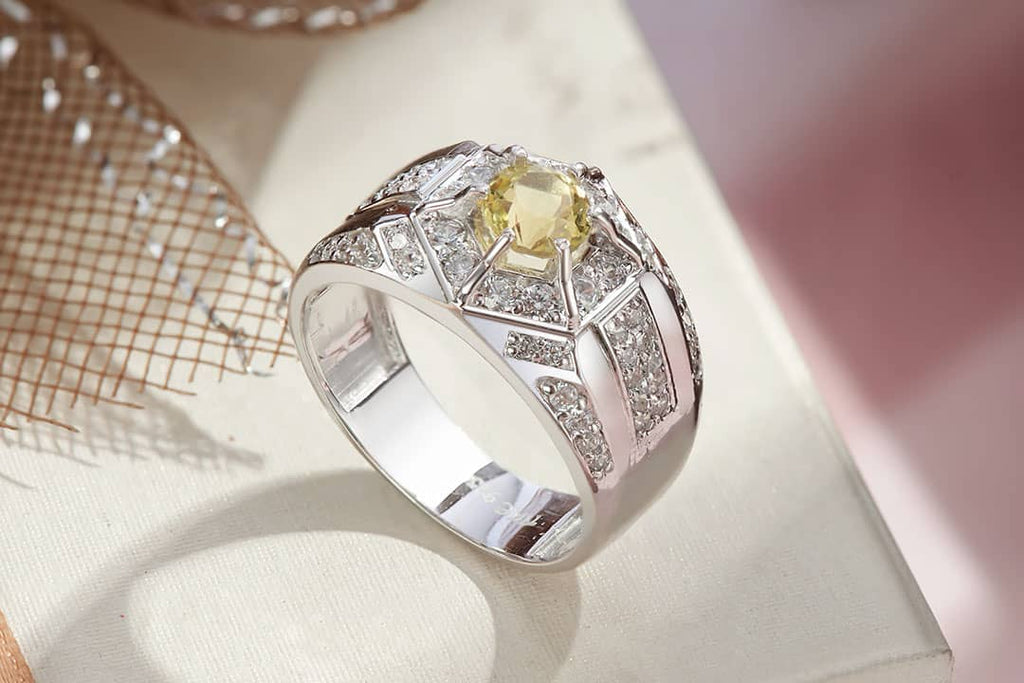 Nhẫn Nam Đá quý thiên nhiên Citrine Hexagon Men's Ring in Sterling Silver by AME Jewellery