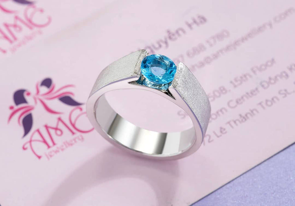 Nhẫn Nam Đá quý thiên nhiên Blue Topaz Matte Finish Men's Ring in Sterling Silver by AME Jewellery