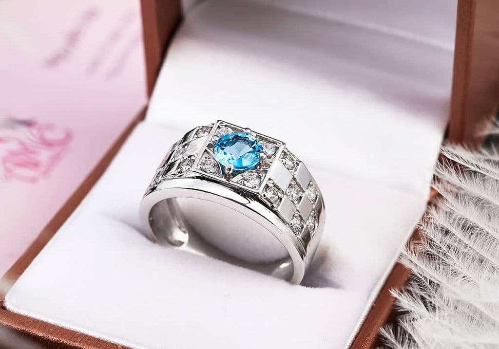 Nhẫn Nam Đá quý thiên nhiên Natural Blue Topaz Men's Ring in Sterling Silver by AME Jewellery