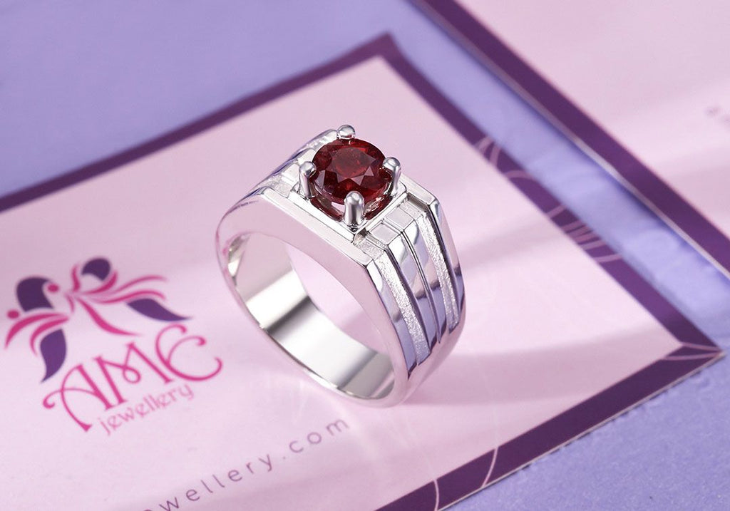 Nhẫn Nam Đá quý tự nhiên Red Garnet Men's Ring in Sterling Silver AME Jewellery