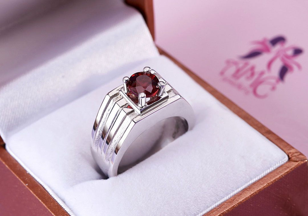 Nhẫn Nam Đá quý tự nhiên Red Garnet Men's Ring in Sterling Silver AME Jewellery