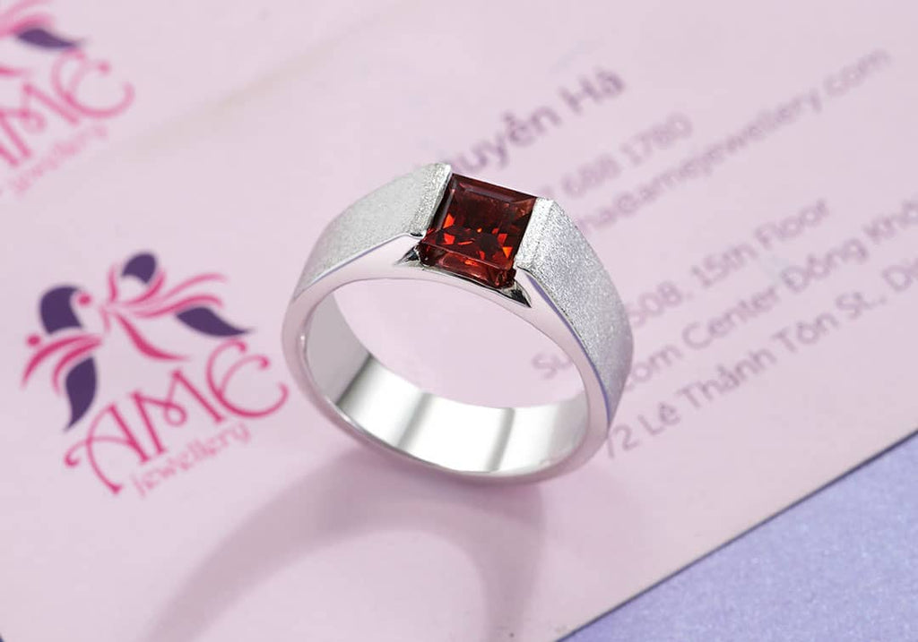 Nhẫn Nam Đá quý thiên nhiên Red Garnet Men's Ring in Sterling Silver by AME Jewellery