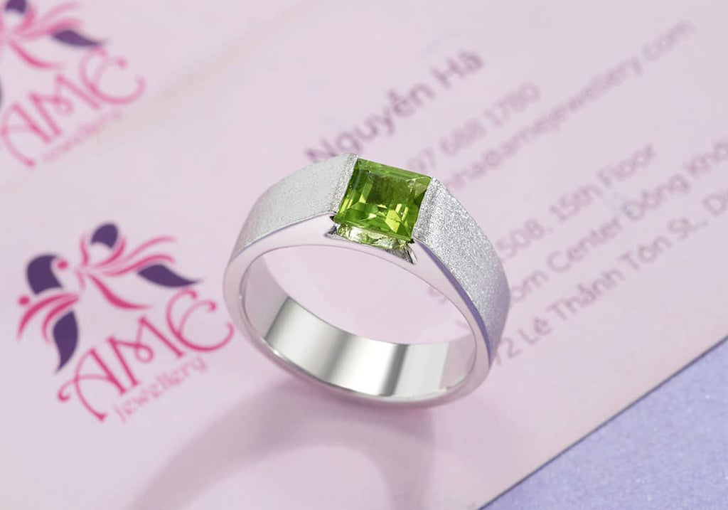 Nhẫn Nam Đá quý thiên nhiên Square-cut Peridot Matte Finish Men's Ring in Sterling Silver by AME Jewellery