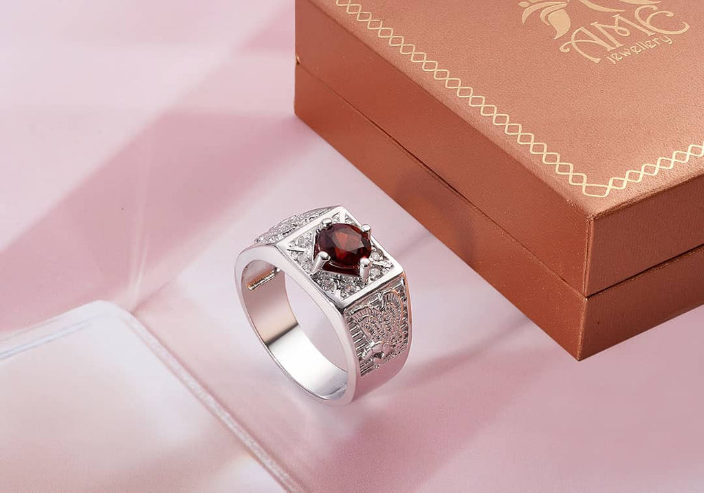 Nhẫn Nam Đại Bàng Đá quý thiên nhiên Garnet Eagle Men's Ring in Sterling Silver by AME Jewellery