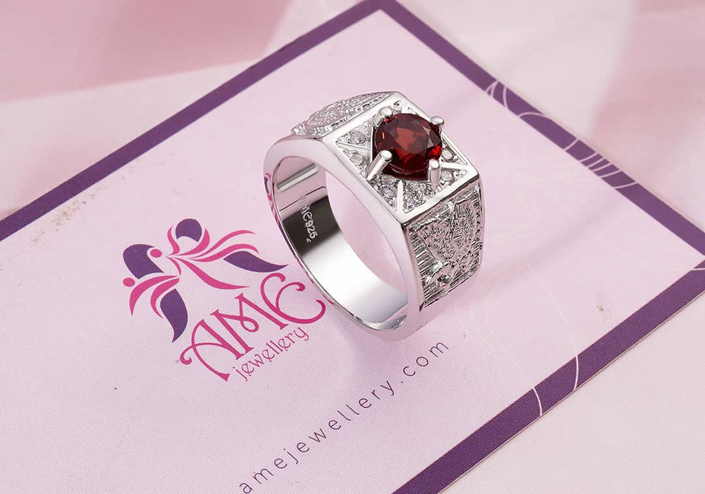 Nhẫn Nam Đại Bàng Đá quý thiên nhiên Garnet Eagle Men's Ring in Sterling Silver by AME Jewellery