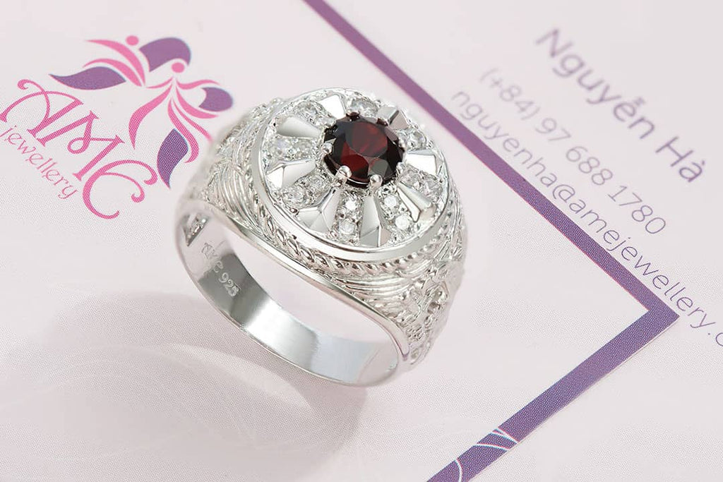 Nhẫn Mỹ Nam Đá quý thiên nhiên Red Garnet US Army Ring in Sterling Silver by AME Jewellery