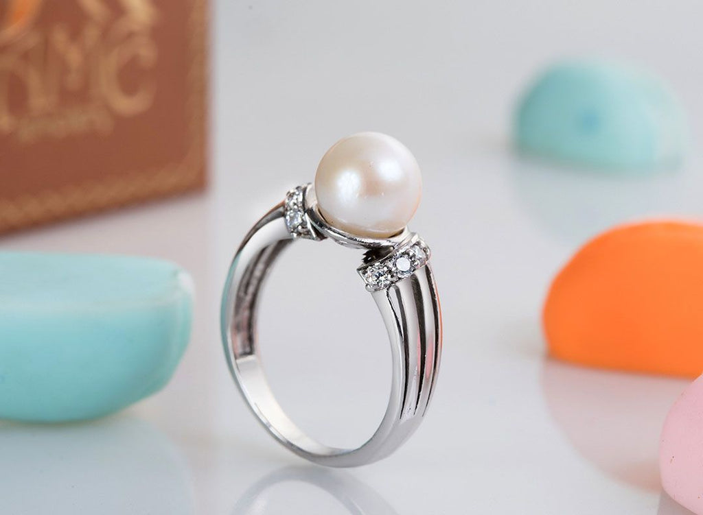 Bague Plaque Or Blanc – Perle D’eau Douce Et Cristal Blanc – Taille 56 – Fantaisie Femme