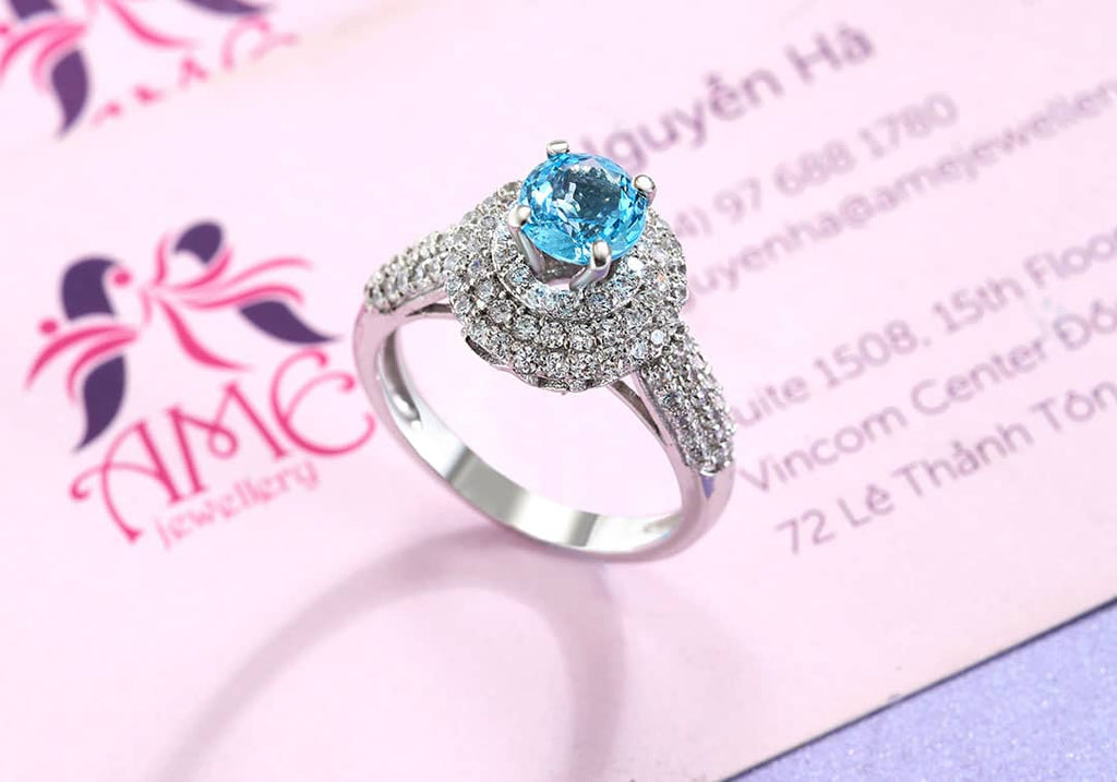 Nhẫn nữ Đá quý thiên nhiên Blue Topaz Triple Halo Ring in Sterling Silver by AME Jewellery