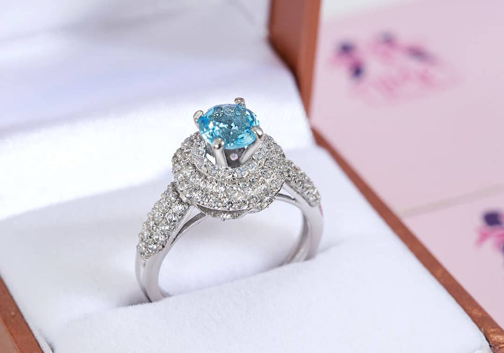 Nhẫn nữ Đá quý thiên nhiên Blue Topaz Triple Halo Ring in Sterling Silver by AME Jewellery