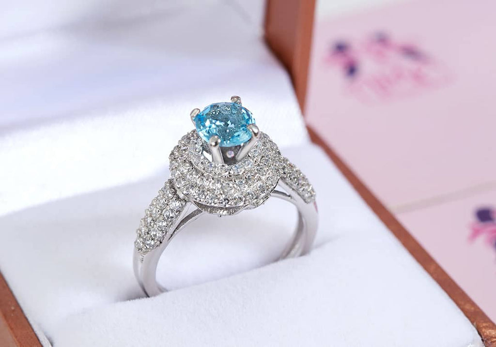 Nhẫn nữ Đá quý thiên nhiên Blue Topaz triple halo ring - AME Jewellery