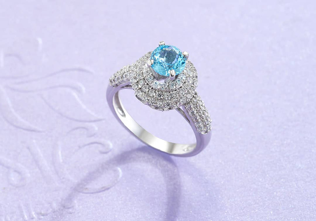 Nhẫn nữ Đá quý thiên nhiên Blue Topaz triple halo ring - AME Jewellery