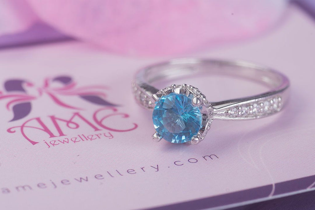 Nhẫn Đá quý thiên nhiên Blue Topaz Flower Ring in Sterling Silver by AME Jewellery