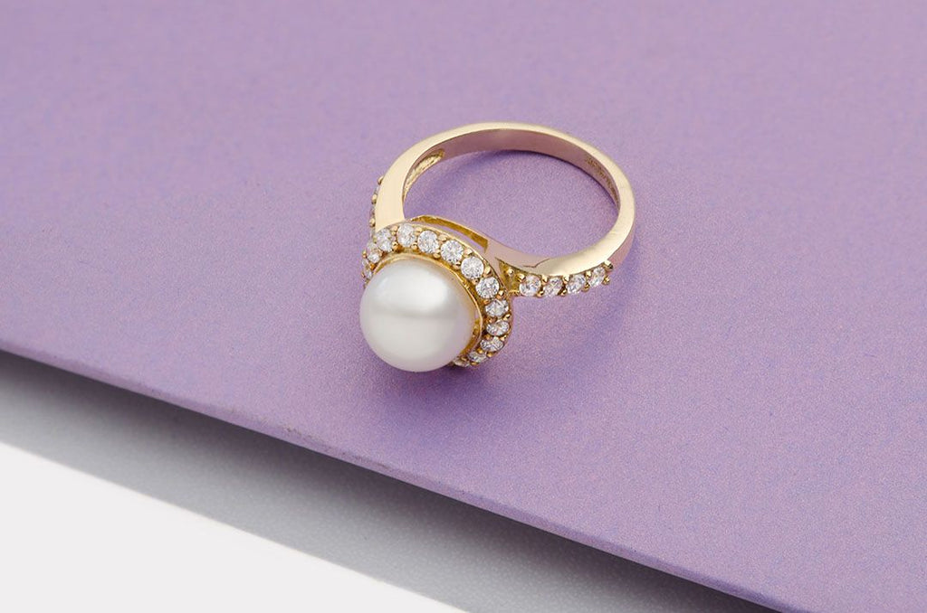 Nhẫn nữ Vàng Ngọc trai trắng White Freshwater Pearl Twist Ring in 14K Yellow Gold by AME Jewellery