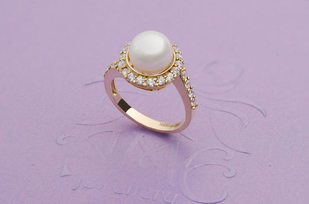 Nhẫn nữ Vàng Ngọc trai trắng White Freshwater Pearl Twist Ring in 14K Yellow Gold by AME Jewellery