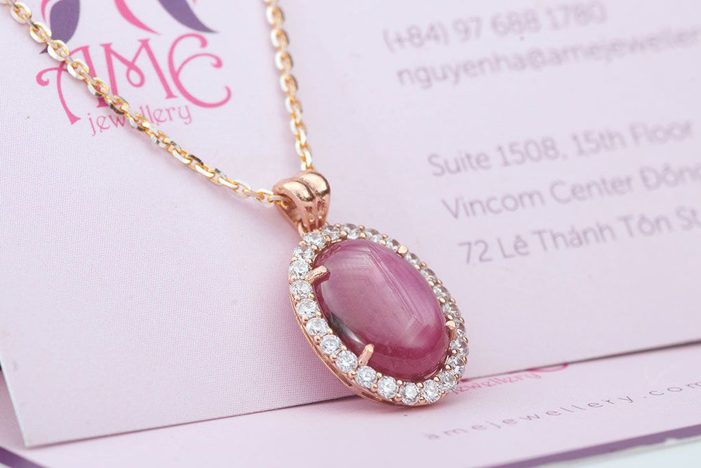 Mặt dây Vàng hồng Đá quý tự nhiên cabochon oval Ruby Rose Pendant Necklace in 14K Rose Gold by AME Jewellery