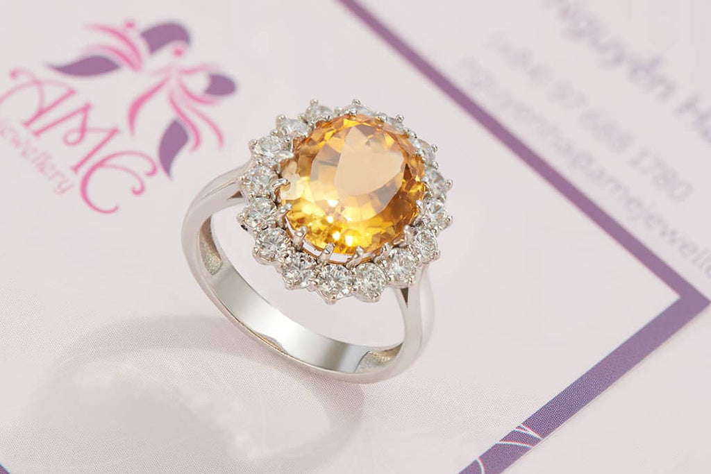 Nhẫn Vàng trắng Đá quý tự nhiên oval Citrine Ring in 14K White Gold by AME Jewellery