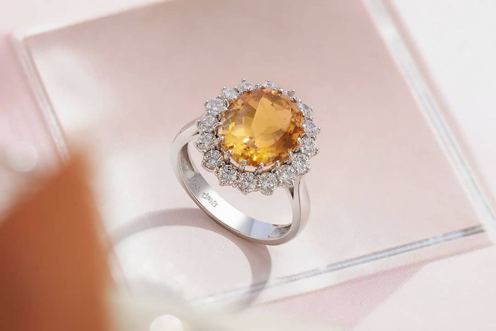 Nhẫn Vàng trắng Đá quý tự nhiên oval Citrine Ring in 14K White Gold by AME Jewellery