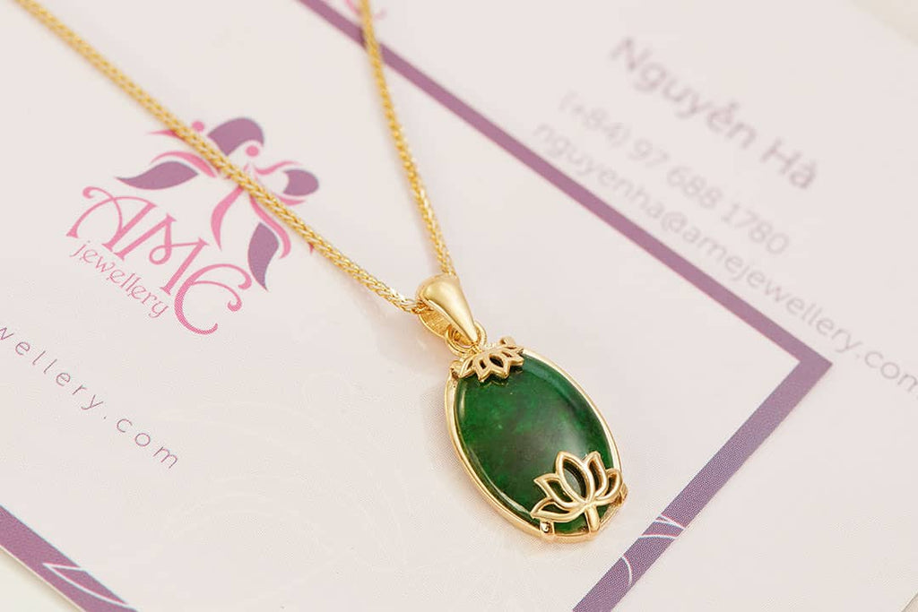 Mặt dây Hoa Sen Vàng 14K Cẩm thạch thiên nhiên | Jade Lotus Gold Pendant | AME Jewellery