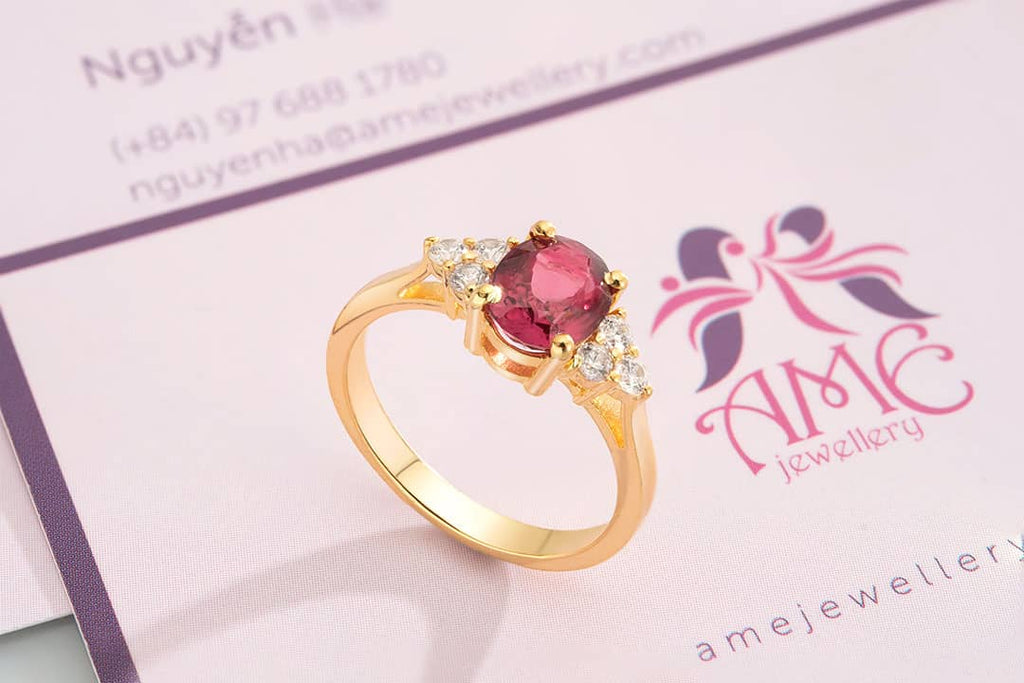 Nhẫn nữ Vàng Đá quý tự nhiên Oval Pink Purple Garnet Ring in 14K Yellow Gold by AME Jewellery