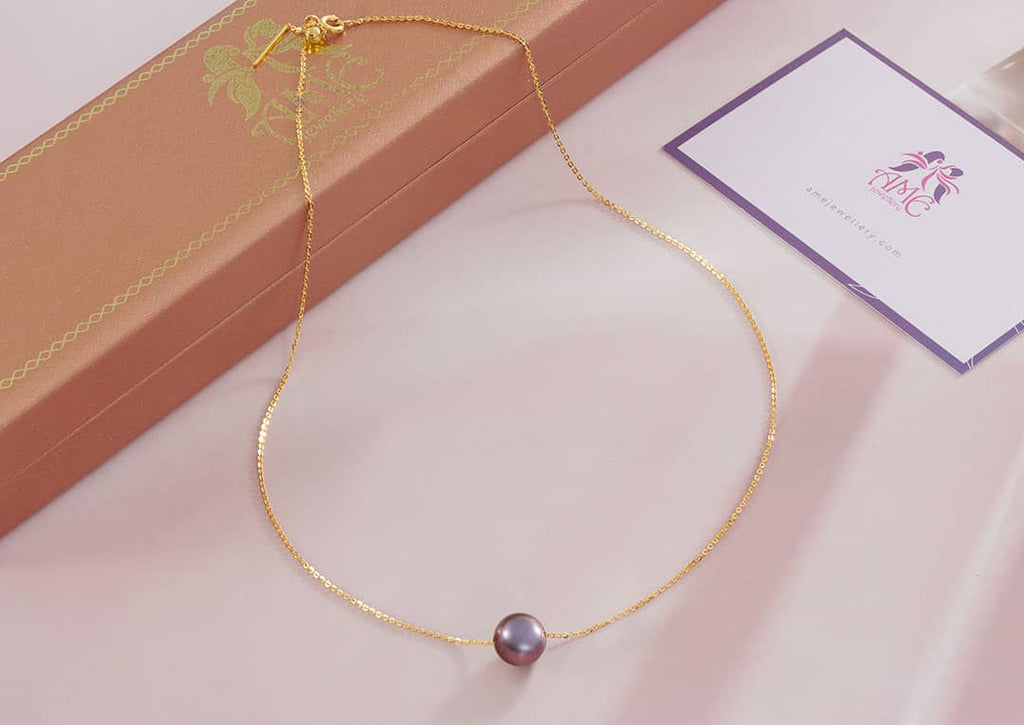 Dây chuyền Vàng Ngọc trai Aubergine Freshwater Pearl Chain Necklace in 14K Yellow Gold by AME Jewellery