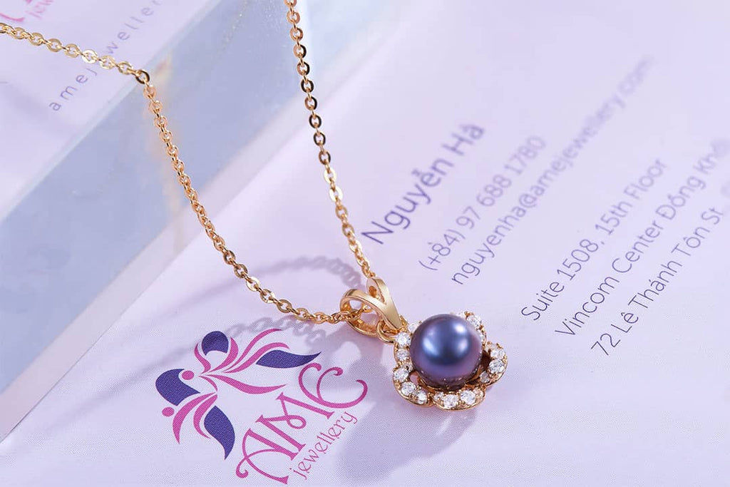 Mặt dây chuyền Hoa Mai Vàng Ngọc trai Aubergine Pearl Apricot Blossom Flower Pendant Necklace by AME Jewellery