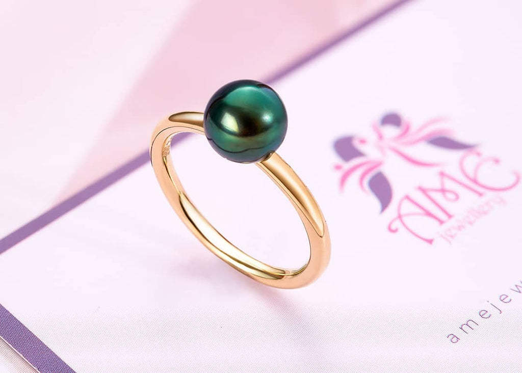 Nhẫn Vàng Ngọc trai Peacock Green Freshwater Pearl Gold Ring in 14K Yellow Gold by AME Jewellery