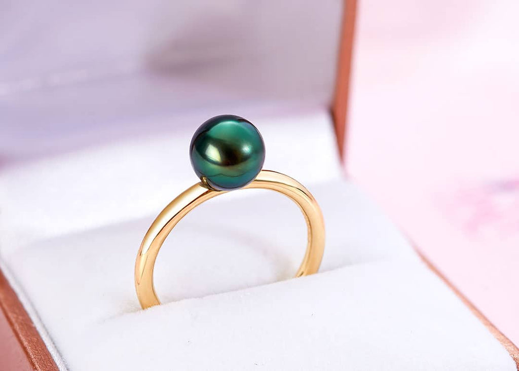 Nhẫn Vàng Ngọc trai Peacock Green Freshwater Pearl Gold Ring in 14K Yellow Gold by AME Jewellery