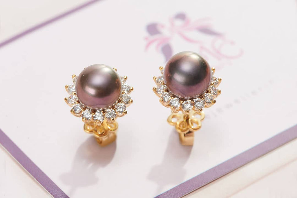 Bông tai Vàng Ngọc trai Aubergine Freshwater Cultured Pearl SunflowerEarrings in 14K Yellow Gold by AME Jewellery