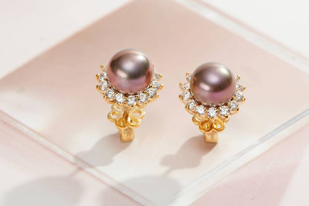 Bông tai Vàng Ngọc trai Aubergine Freshwater Cultured Pearl SunflowerEarrings in 14K Yellow Gold by AME Jewellery