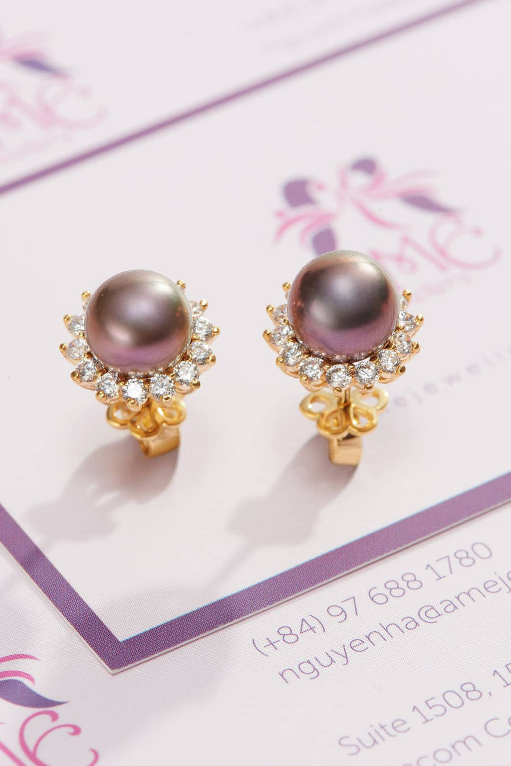 Bông tai Vàng Ngọc trai Aubergine Freshwater Cultured Pearl SunflowerEarrings in 14K Yellow Gold by AME Jewellery