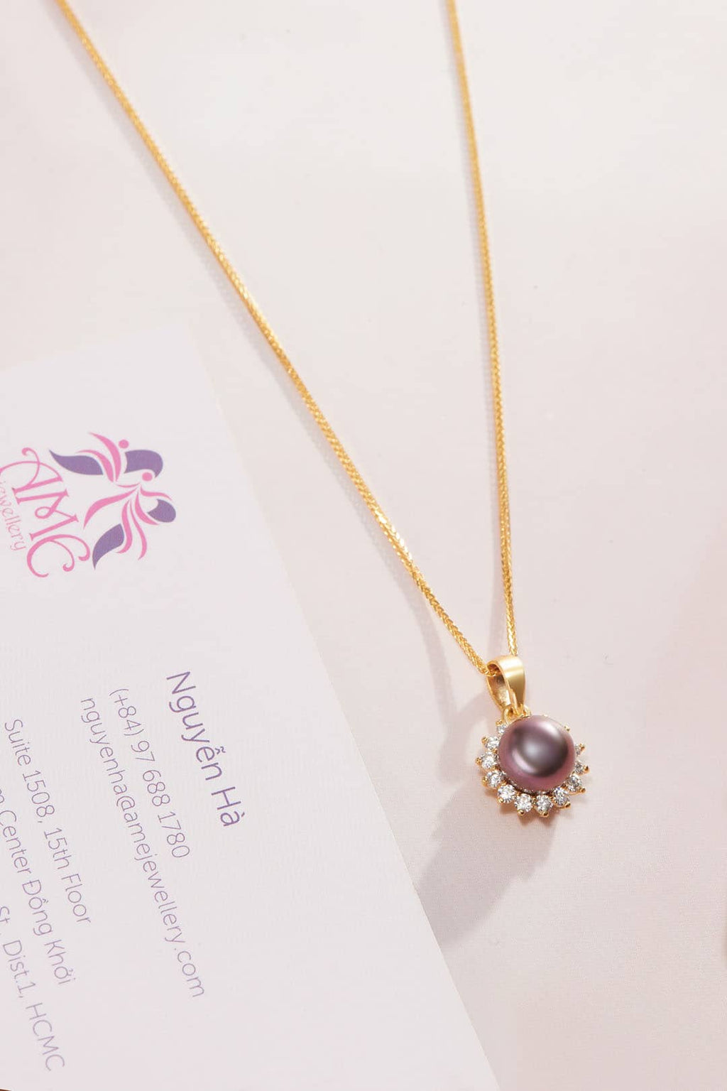 Mặt dây chuyền Vàng Ngọc trai Aubergine Freshwater Pearl Sunflower Pendant 14K Yellow Gold by AME Jewellery