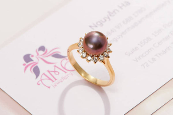 Nhẫn Vàng 14K Ngọc trai Aubergine Freshwater Pearl Sunflower Ring in 14K Yellow Gold by AME Jewellery
