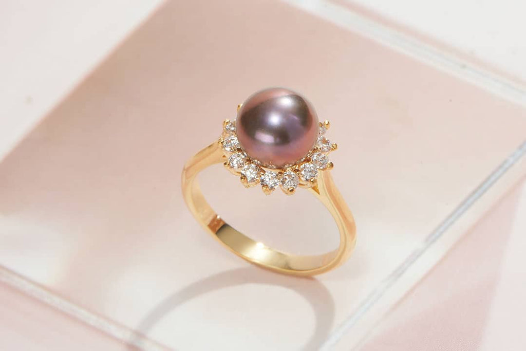 Nhẫn vàng 14K Ngọc trai Peacock Freshwater Pearl Sunflower Ring in 14K Yellow Gold | AME Jewellery