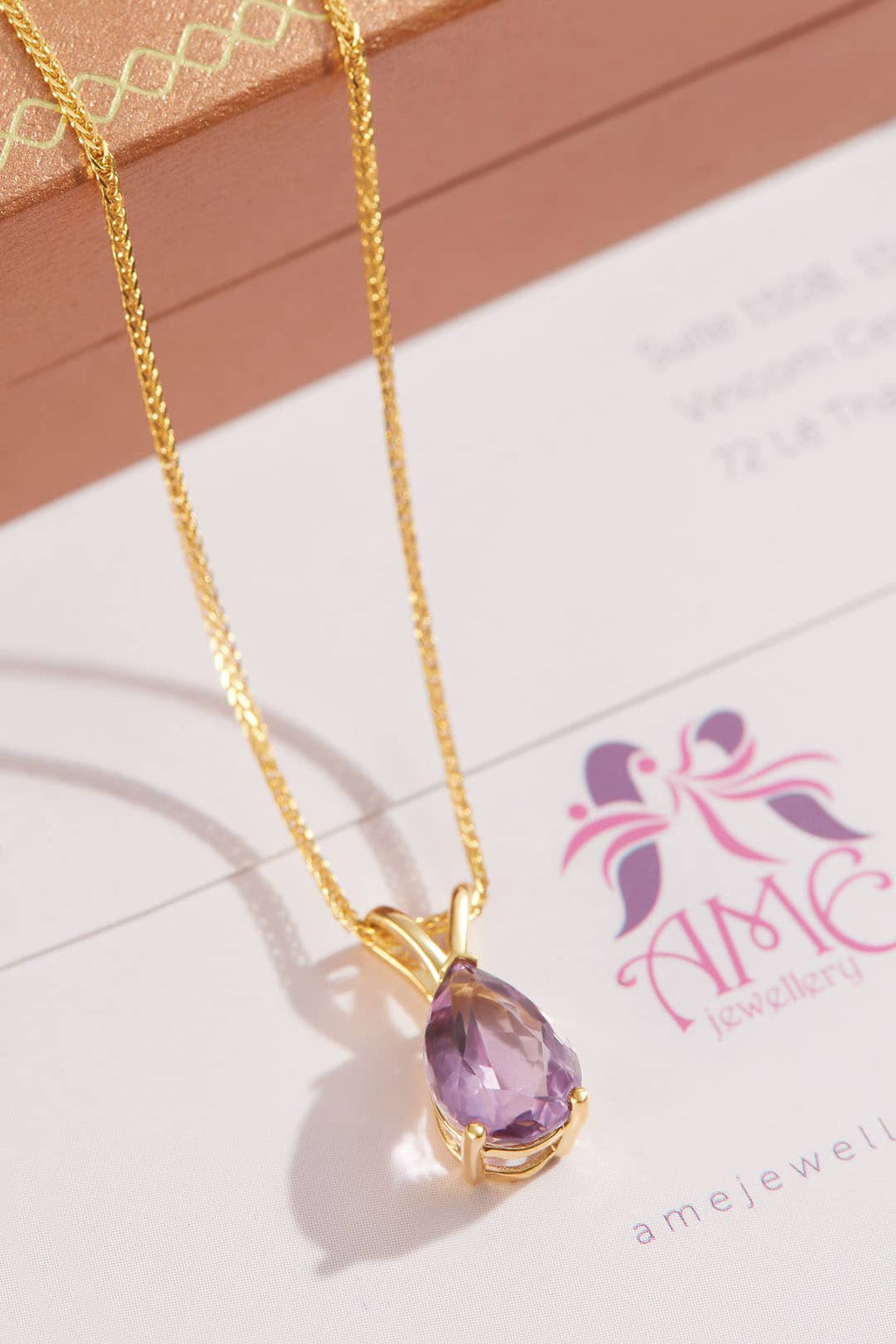 Mặt dây Vàng Đá quý thiên nhiên Pear-shaped Amethyst Pendant Necklace in 14K Yellow Gold by AME Jewellery