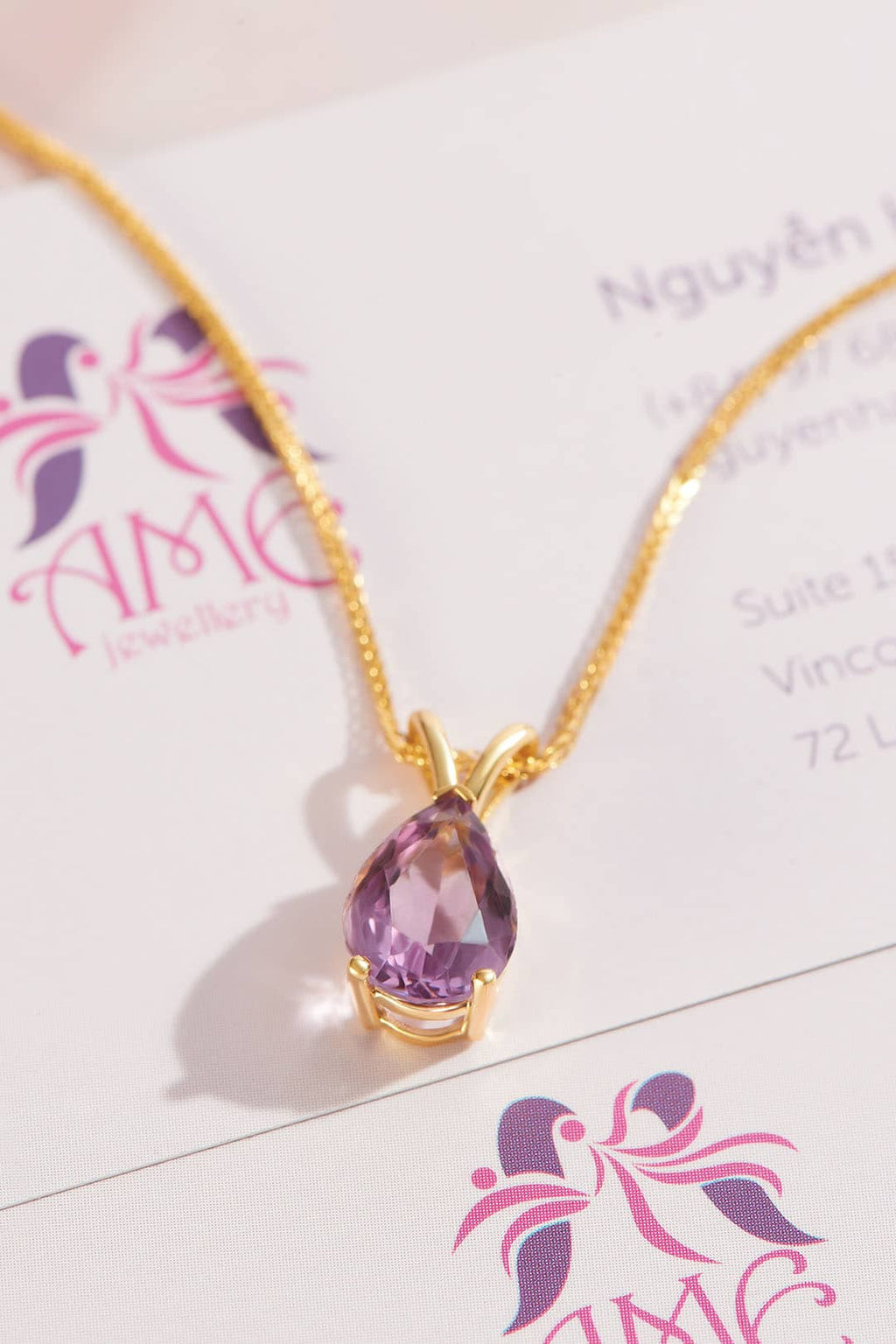 Mặt dây Vàng Đá quý thiên nhiên Pear-shaped Amethyst Pendant Necklace in 14K Yellow Gold by AME Jewellery