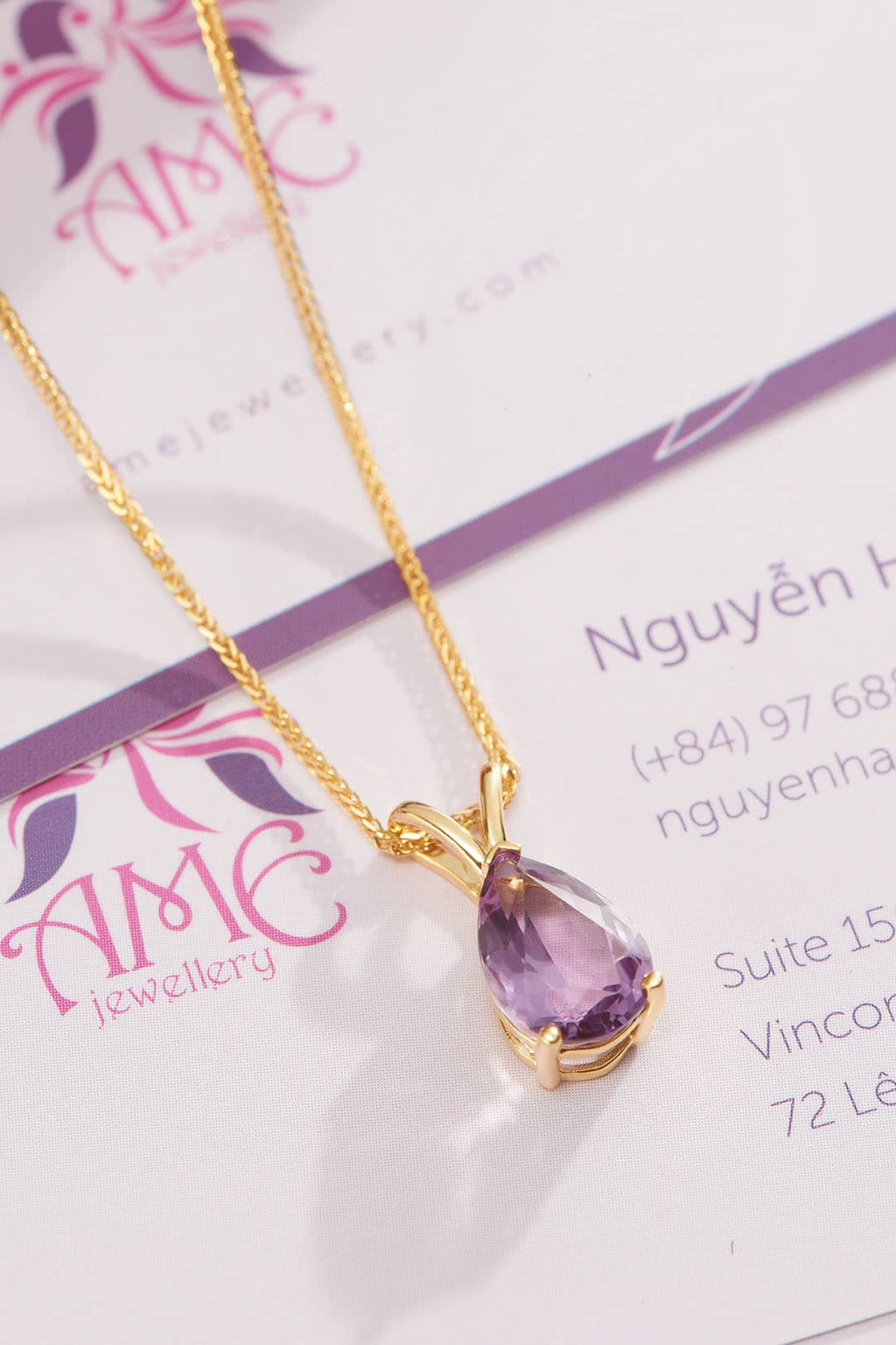 Mặt dây Vàng Đá quý thiên nhiên Pear-shaped Amethyst Pendant Necklace in 14K Yellow Gold by AME Jewellery