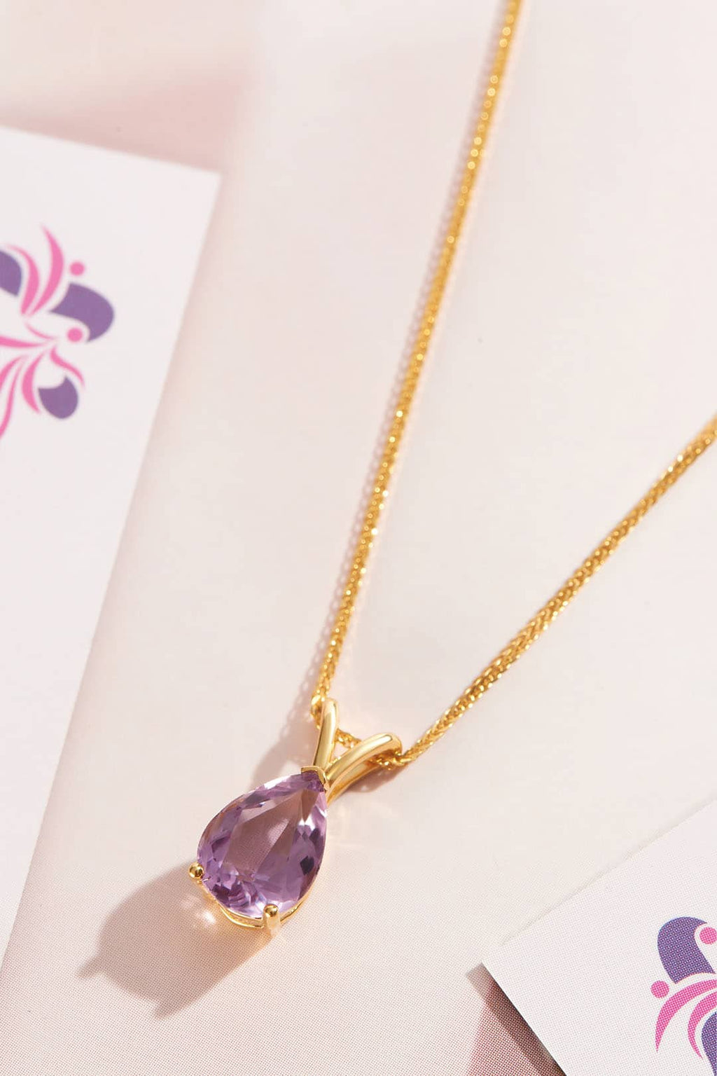 Mặt dây Vàng Đá quý thiên nhiên Pear-shaped Amethyst Pendant Necklace in 14K Yellow Gold by AME Jewellery