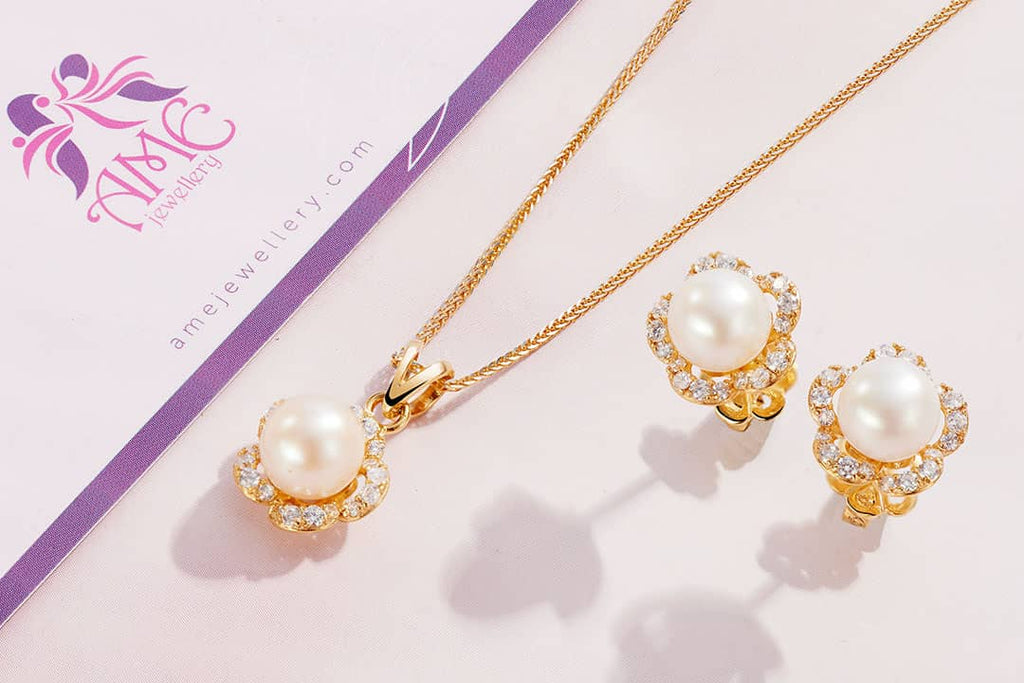 Bộ Trang sức Hoa Mai Vàng 14K Ngọc trai Pearl Apricot Blossom Flower Jewelry in Yellow Gold by AME Jewellery