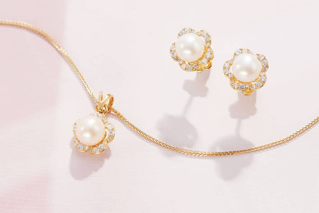 Bộ Trang sức Hoa Mai Vàng 14K Ngọc trai Pearl Apricot Blossom Flower Jewelry in Yellow Gold by AME Jewellery