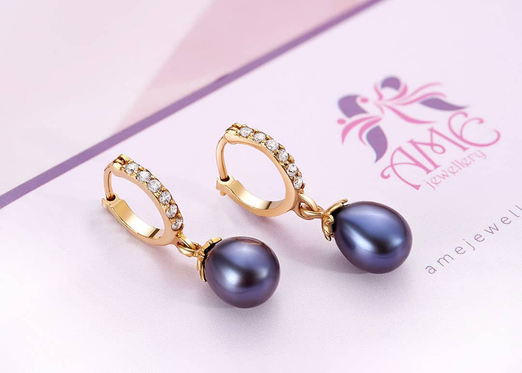 Bông tai Vàng 14K Ngọc trai Aubergine Teardrop Pearl Hinged Earrings in 14K Yellow Gold by AME Jewellery