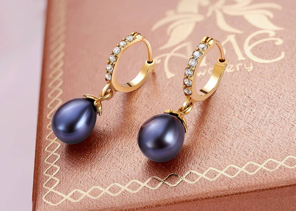 Bông tai Vàng 14K Ngọc trai Aubergine Teardrop Pearl Hinged Earrings in 14K Yellow Gold by AME Jewellery
