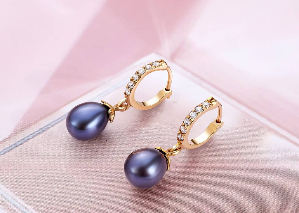 Bông tai Vàng 14K Ngọc trai Aubergine Teardrop Pearl Hinged Earrings in 14K Yellow Gold by AME Jewellery