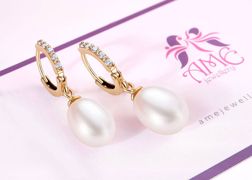 Bông tai Vàng 14K Ngọc trai White Teardrop Pearl Hinged Earrings in 14K Yellow Gold by AME Jewellery