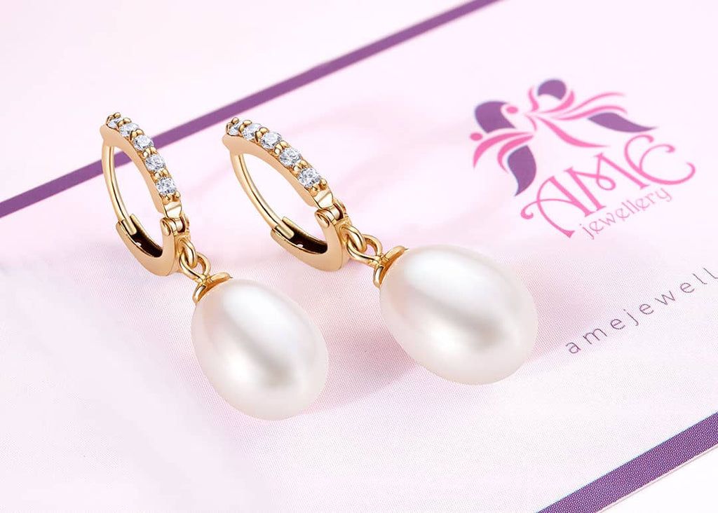 Bông tai Vàng 14K Ngọc trai giọt trắng  Freshwater Pearl Gold Earrings | AME Jewellery