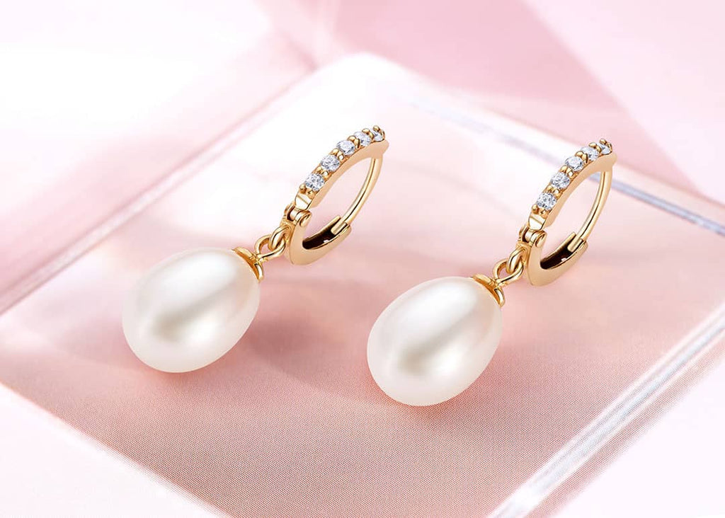 Bông tai Vàng 14K Ngọc trai White Teardrop Pearl Hinged Earrings in 14K Yellow Gold by AME Jewellery