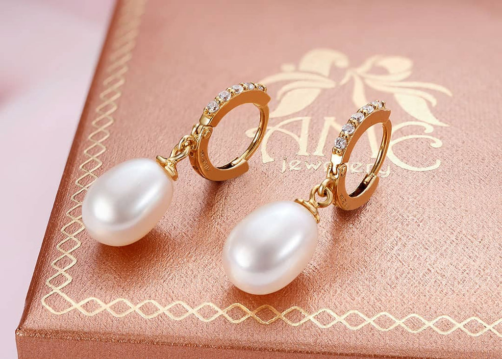 Bông tai Vàng 14K Ngọc trai White Teardrop Pearl Hinged Earrings in 14K Yellow Gold by AME Jewellery