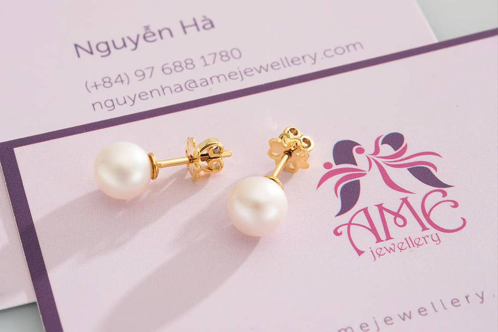 Bông tai Vàng 14K Ngọc trai trắng Freshwater Pearl Gold Earrings | AME Jewellery